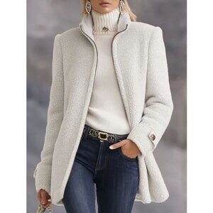 Oyrosy Casual Vintage White Polar Fleece Zip-Up Jacket Coat Size S NWT